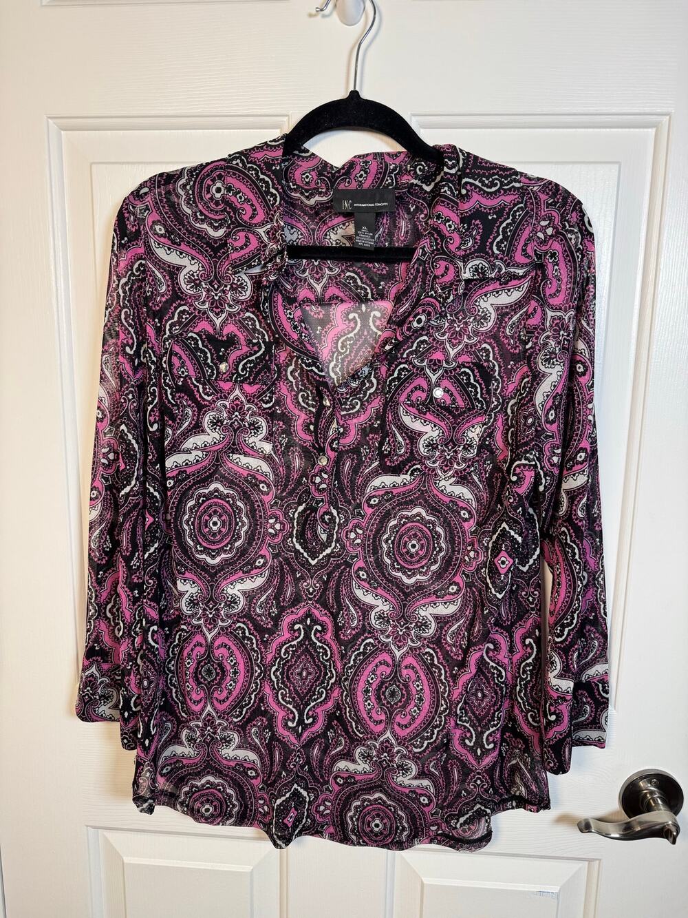 INC International Concepts Semi Sheer Pullover Blouse Jeweled Buttons Purple XL